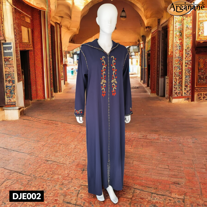 Djellaba bleu foncé avec perles de couleurs - DJE002